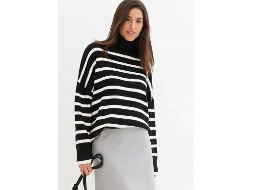 B.P.C sweter oversize z rozcięciami po bokach czarno-biały w paski r.4