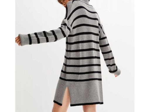 B.P.C sukienka dzianinowa szaro-czarna z golfem miękka cienka ^48/50