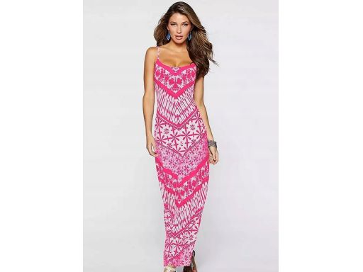 B.P.C sukienka długa maxi biało-różowa we wzory na ramiączka 44/46.
