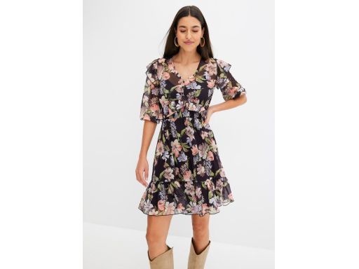 B.P.C sukienka siateczkowa w kwiaty z falbankami 36/38.