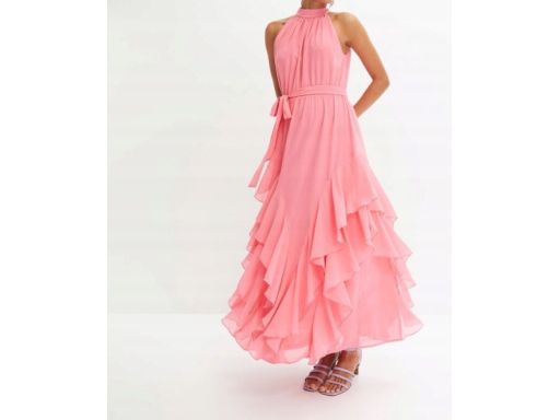 B.P.C sukienka szyfonowa różowa maxi długa z falbankami 44.