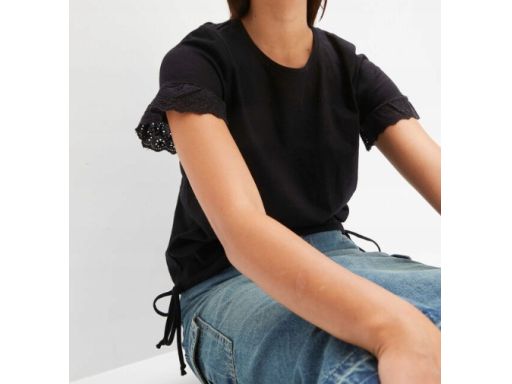 B.P.C t-shirt damski czarny ażurowy haft 32/34.