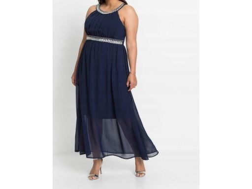 B.P.C długa sukienka szyfonowa granatowa z aplikacją 34.