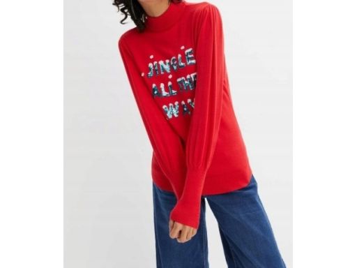 B.P.C sweter dzianinowy czerwony świąteczny z napisem z cekinów 40/42.
