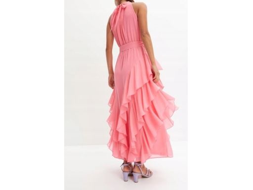 B.P.C sukienka szyfonowa różowa maxi długa z falbankami 48.