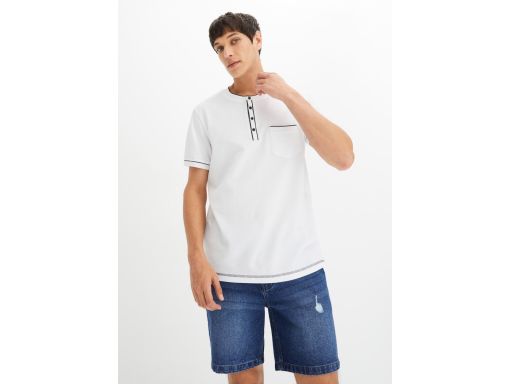 B.P.C t-shirt męski z dekoltem henley biały z czarnym zdobieniem^68/70