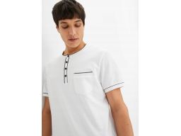 B.P.C t-shirt męski z dekoltem henley biały z czarnym zdobieniem^68/70