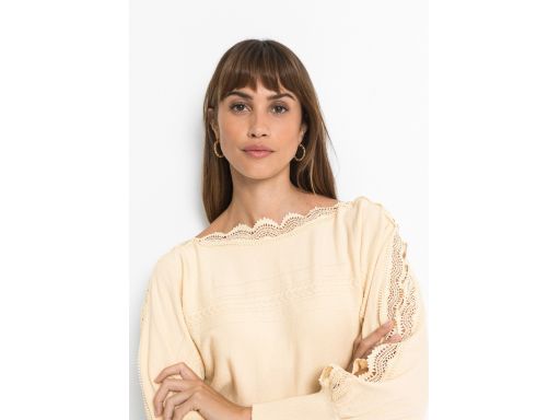 B.P.C jasnobeżowy sweter dzianinowy koronka na rękawach z wycięciami ^
