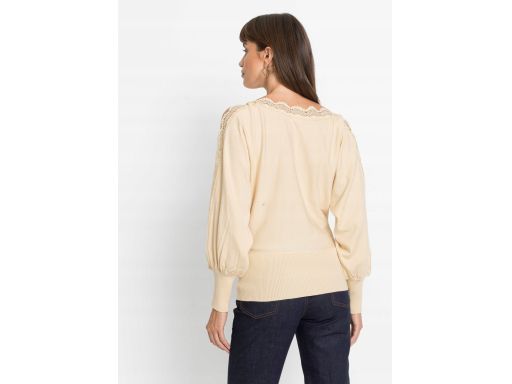 B.P.C jasnobeżowy sweter dzianinowy koronka na rękawach z wycięciami ^