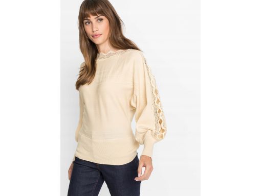 B.P.C jasnobeżowy sweter dzianinowy koronka na rękawach z wycięciami ^