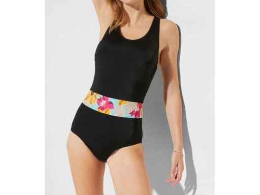 B.P.C Kostium kąpielowy czarny z kwiatowym paskiem 42.