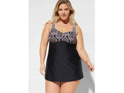 B.P.C Długie tankini czarne w kolorowe wzory z figami wysoki stan ^48