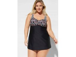 B.P.C Długie tankini czarne w kolorowe wzory z figami wysoki stan ^48