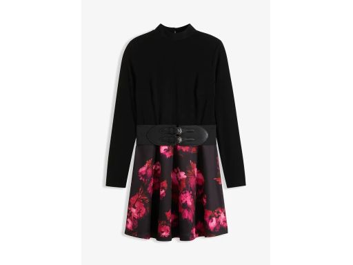 B.P.C sukienka efekt 2w1 czarna w kwiaty z szerokim paskiem 40/42.