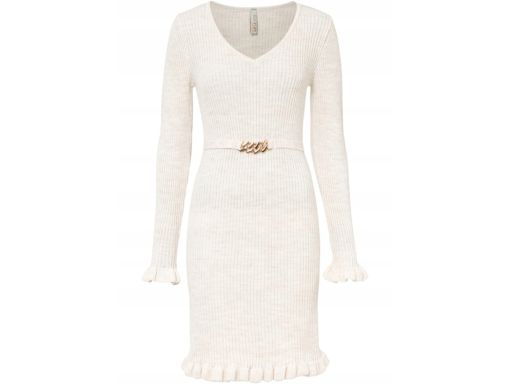 B.P.C sukienka dzianinowa kremowa przylegająca ze złotym paskiem ^40/4