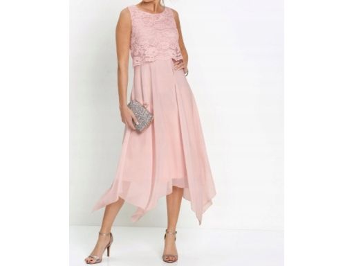 B.P.C sukienka szyfonowa asymetryczna różowa z koronką r.40