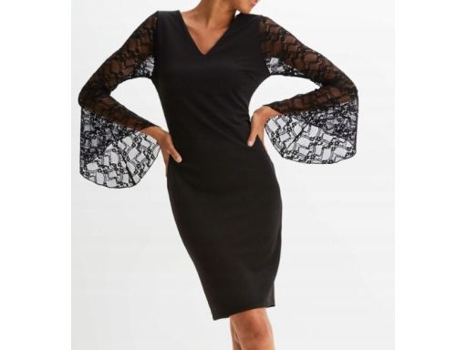 B.P.C sukienka czarna z rozszerzanymi koronkowymi rękawami 36/38.