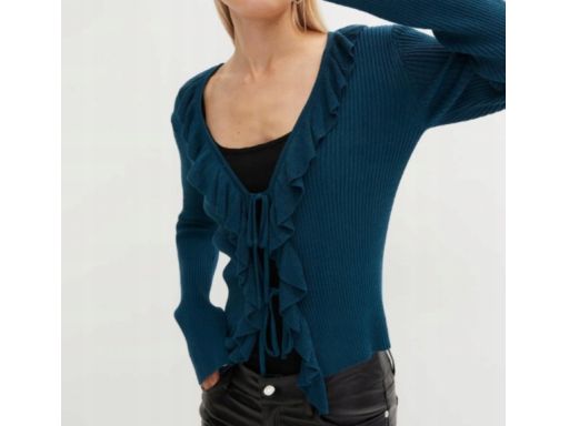 B.P.C sweterek dzianinowy prążkowany z wiązaniem i falbanką r.36/38