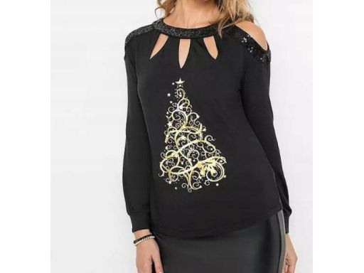 B.P.C bluzka świąteczna czarna z nadrukiem i wycięciami z cekinami 36/
