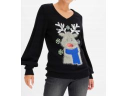 B.P.C sweter świąteczny czarny w serek z nadrukiem 3D 40/42.