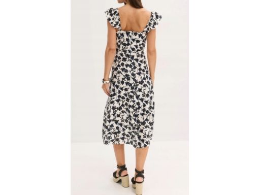 B.P.C sukienka midi letnia biała w czarno-niebieskie kwiaty r.48