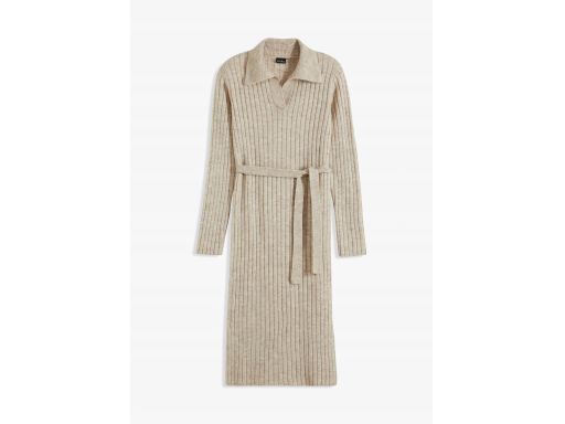 B.P.C sukienka dzianinowa midi beżowa w pionowy prążek z wiązaniem 44/