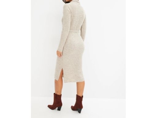 B.P.C sukienka dzianinowa midi beżowa w pionowy prążek z wiązaniem 44/