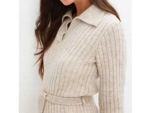 B.P.C sukienka dzianinowa midi beżowa w pionowy prążek z wiązaniem 44/