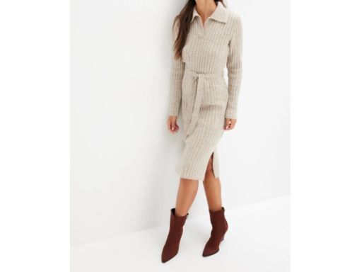 B.P.C sukienka dzianinowa midi beżowa w pionowy prążek z wiązaniem 44/