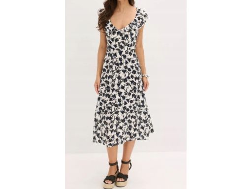 B.P.C sukienka midi letnia biała w czarno-niebieskie kwiaty r.48