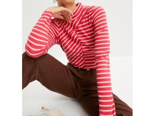 B.P.C bluzka beżowo-różowa w paski z ozdobnymi szwami 40/42.