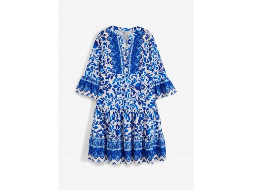 B.P.C sukienka biało-niebieska we wzory z falbankami ^44/46