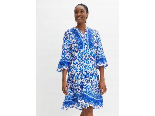 B.P.C sukienka biało-niebieska we wzory z falbankami ^44/46