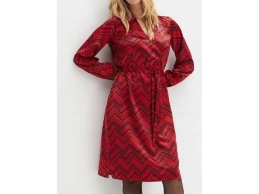 B.P.C sukienka satynowa czerwona w czarne wzory midi ^36