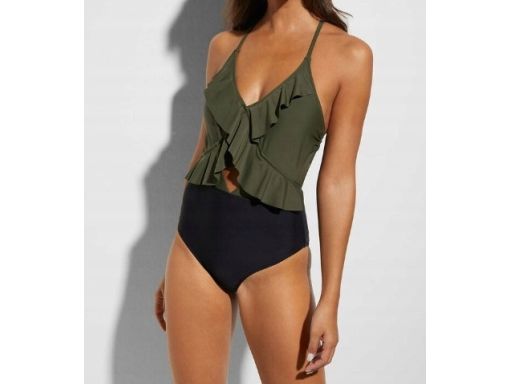 B.P.C kostium kąpielowy czarno-khaki z falbanką i wycięciem r.36