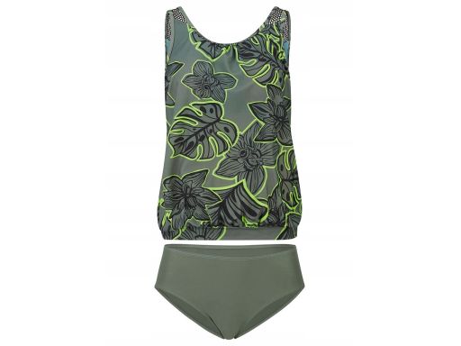 BONPRIX tankini khaki z neonowym wzorem liści w komplecie z figami r.4