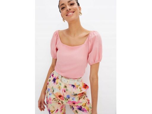B.P.C różowa bluzka prążkowana z modnymi rękawami r.36/38