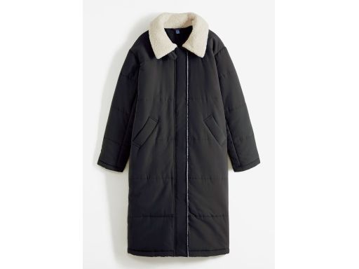 B.P.C płaszcz długi pikowany czarny z kołnierzem z jasnego