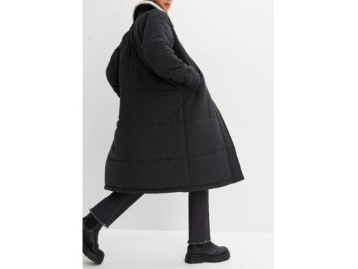 B.P.C płaszcz długi pikowany czarny z kołnierzem z jasnego