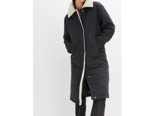 B.P.C płaszcz długi pikowany czarny z kołnierzem z jasnego 