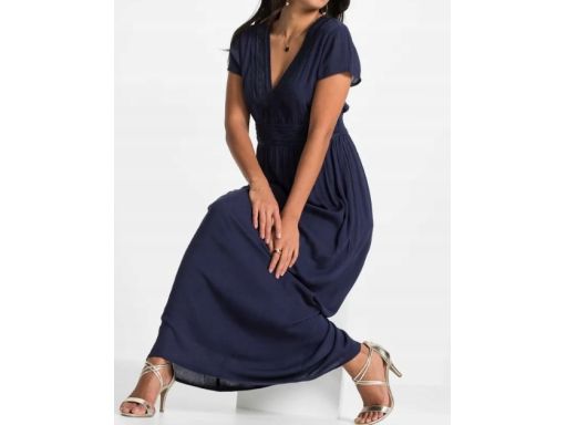 B.P.C granatowa sukienka z wiskozy z koronką długa r.40