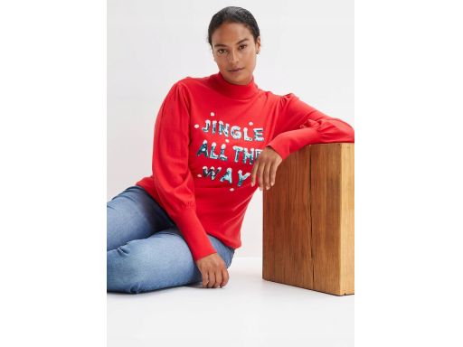 B.P.C sweter dzianinowy czerwony świąteczny z napisem z cekinów ^40/42