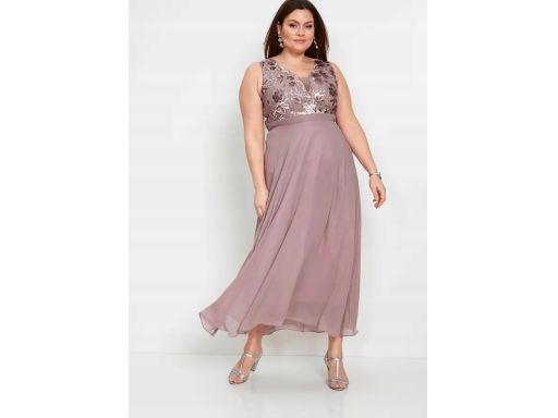 B.P.C sukienka szyfonowa długa pudrowy róż z cekinami 54.