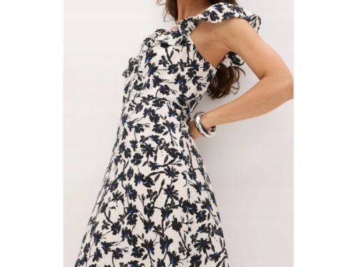 B.P.C sukienka midi letnia biała w czarno-niebieskie kwiaty ^50
