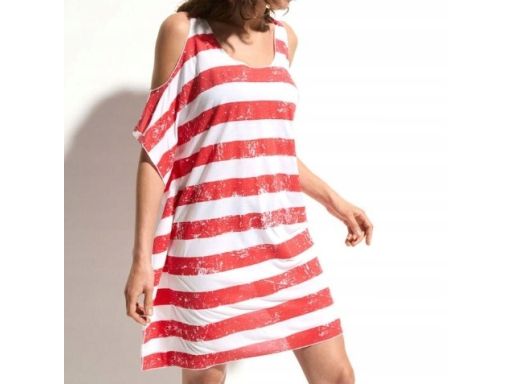 B.P.C sukienka plażowa biało-czerwona w paski z wycięciami ^56/58