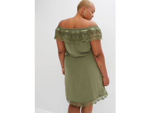 B.P.C sukienka oliwkowa z wiskozy carmen z koronką 52/54.