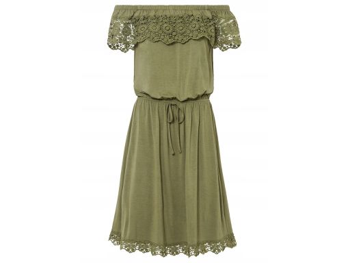 B.P.C sukienka oliwkowa z wiskozy carmen z koronką 52/54.