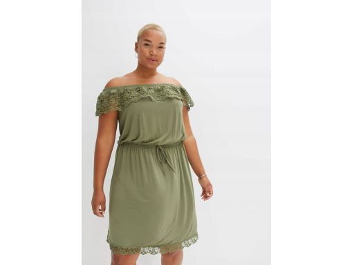 B.P.C sukienka oliwkowa z wiskozy carmen z koronką 52/54.