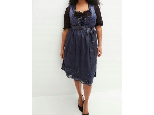 B.P.C. czarna sukienka ludowa w cętki z fartuchem z koronki 50.