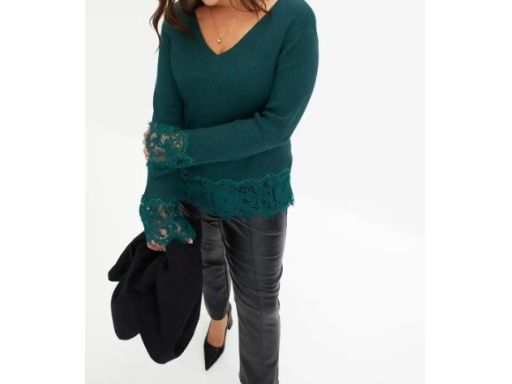 B.P.C sweter dzianinowy butelkowa zieleń z koronką r.52/54